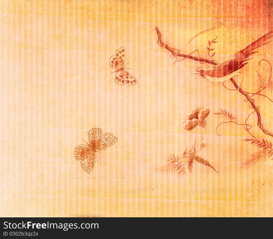 Decorative Background With Bird And Butterfly