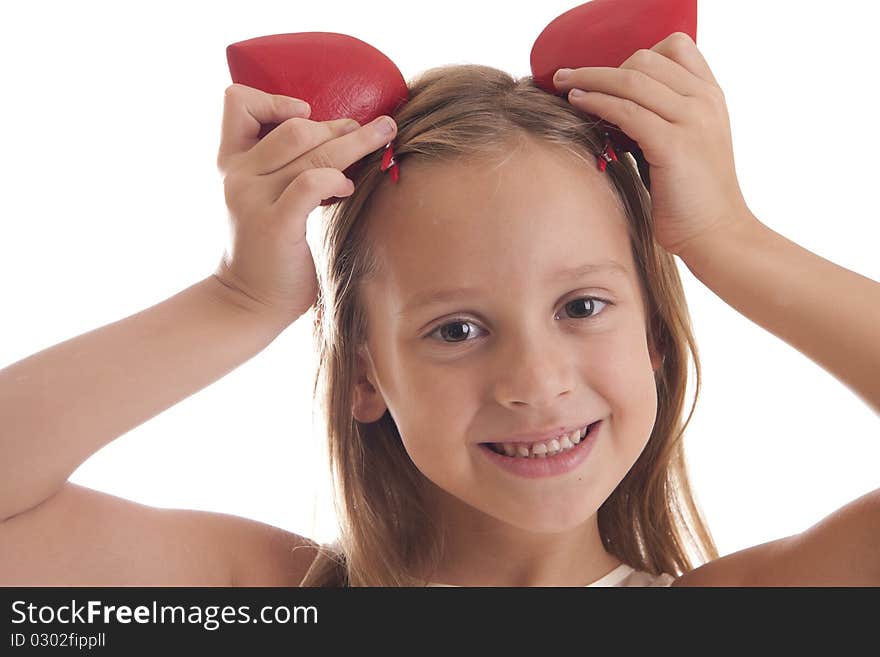 Girl With A Red Hearts On A White Background