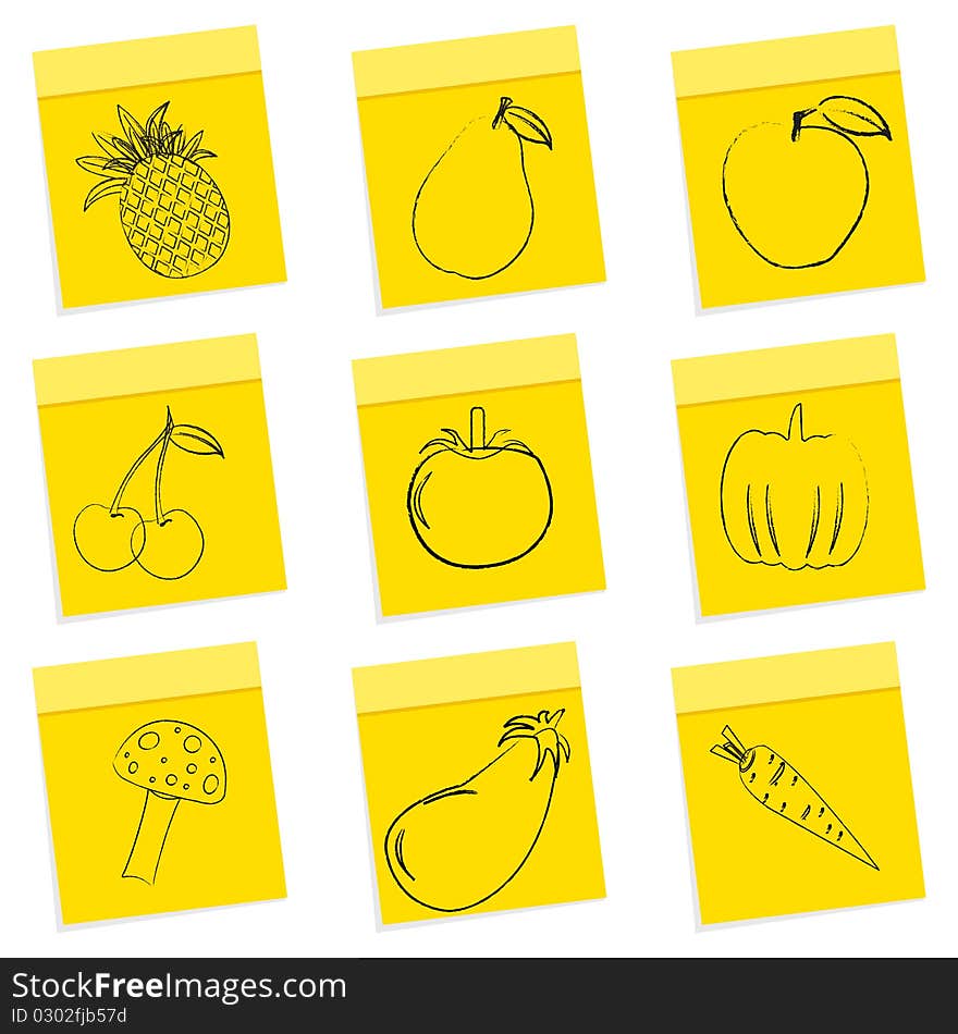 Illustration of fruit & vegetables sketch on chit sticker