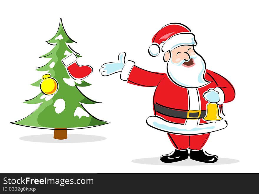 Illustration of santa claus showing xmas tree on white background. Illustration of santa claus showing xmas tree on white background