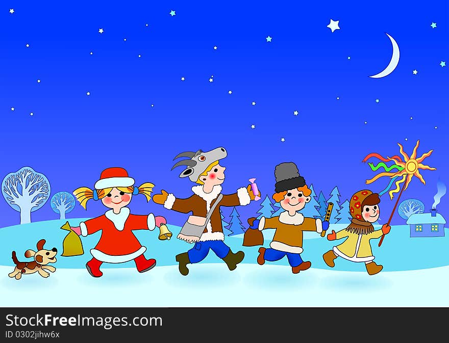 Kids going a-shroving in christmas evening, vector illustration. Kids going a-shroving in christmas evening, vector illustration