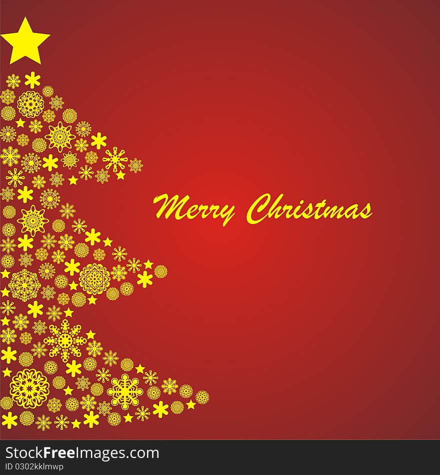 Yellow  christmas tree on red background. Vector illustration.