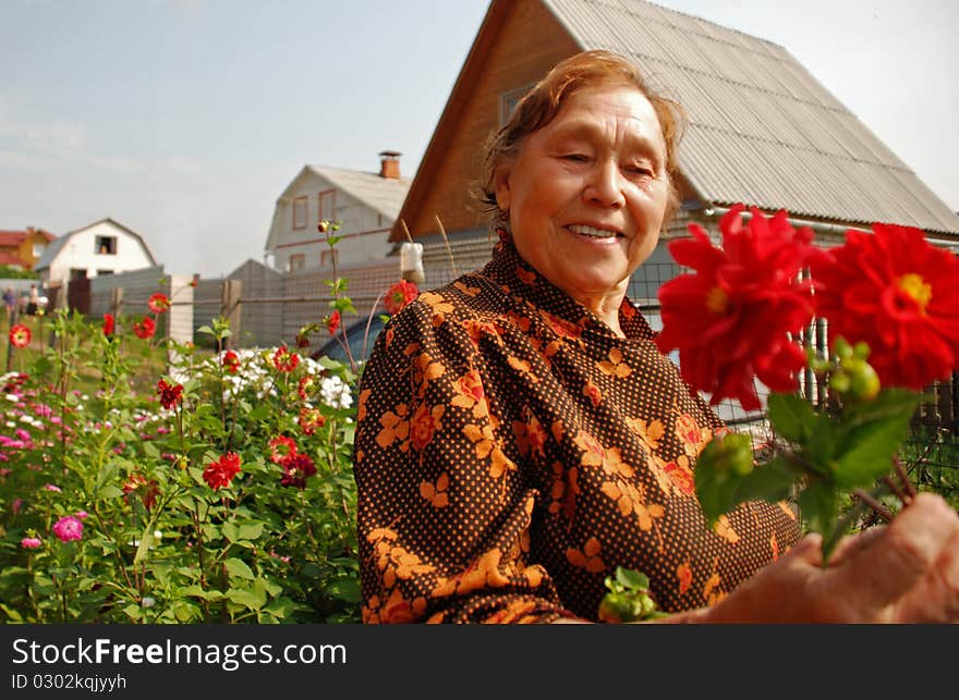 The Elderly Woman And Flowers