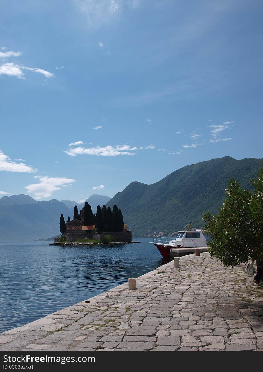 The island of Saint George seen from the Island of Our Lady of the Rocks, Perast, Montenegro. The island of Saint George seen from the Island of Our Lady of the Rocks, Perast, Montenegro