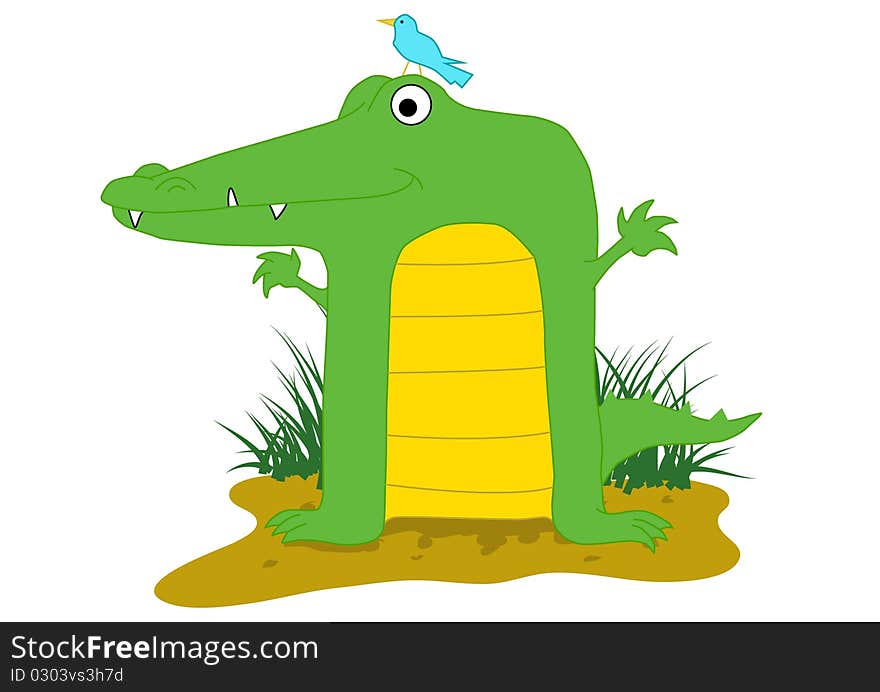 A  illustration of a cartoon croc with a bird on its head. Eps(v8). A  illustration of a cartoon croc with a bird on its head. Eps(v8)