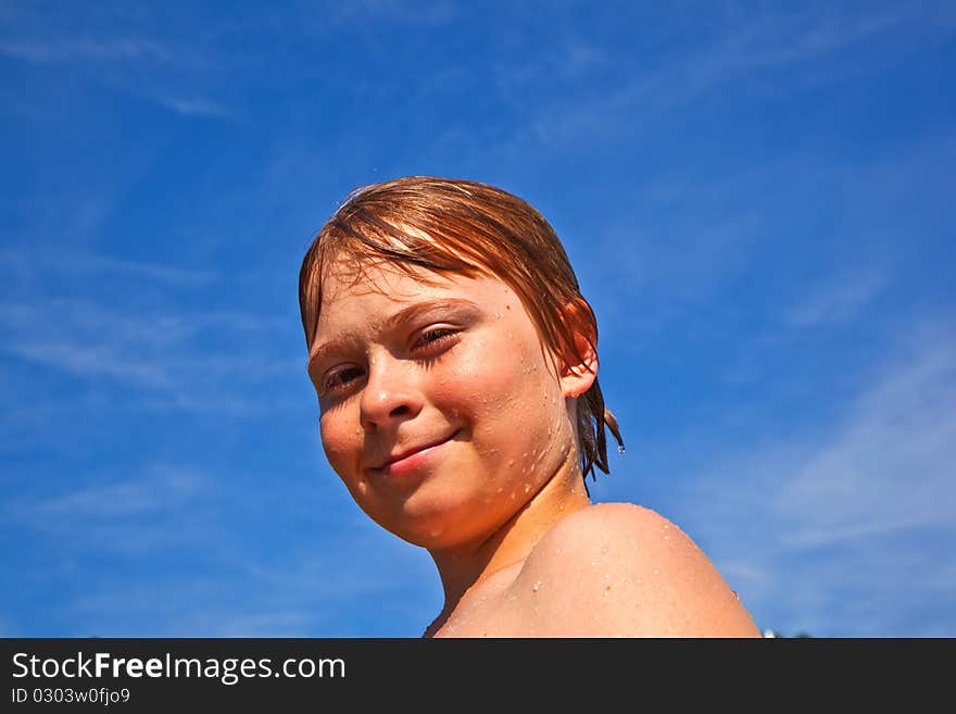 Portrait of child at the pool with wet hair. Portrait of child at the pool with wet hair