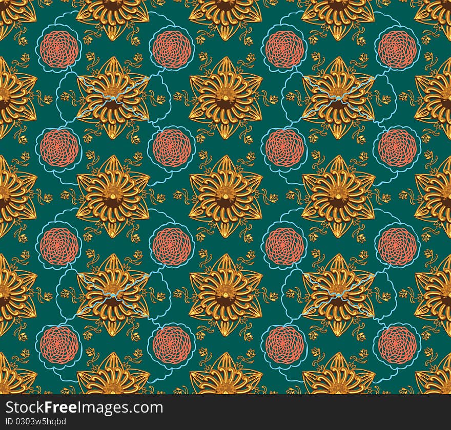 Gold Star Flower Pink and Green Seamless Pattern. Gold Star Flower Pink and Green Seamless Pattern