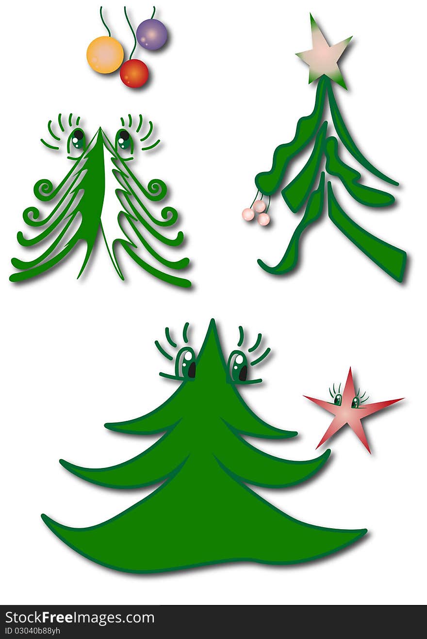 Fantasy christmas tree looks at toy, funny christmas illustration with star, running christmas fir with toys. Fantasy christmas tree looks at toy, funny christmas illustration with star, running christmas fir with toys