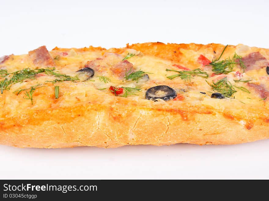 Closeup picture of pizza with meat and olives