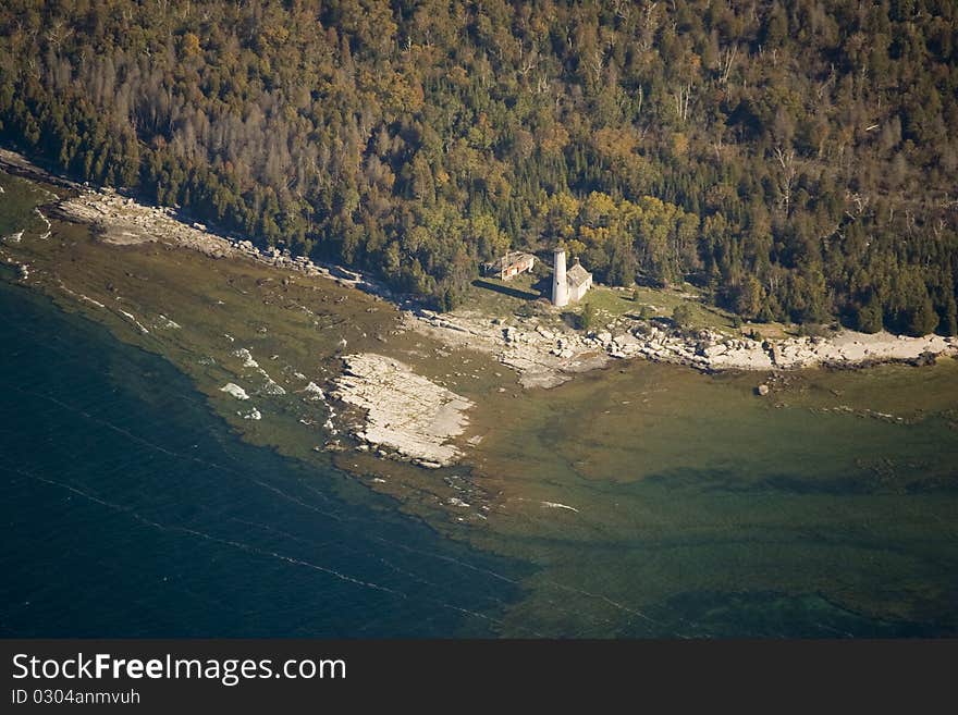 Aerial view of the old poverty island lighthouse michigan USA