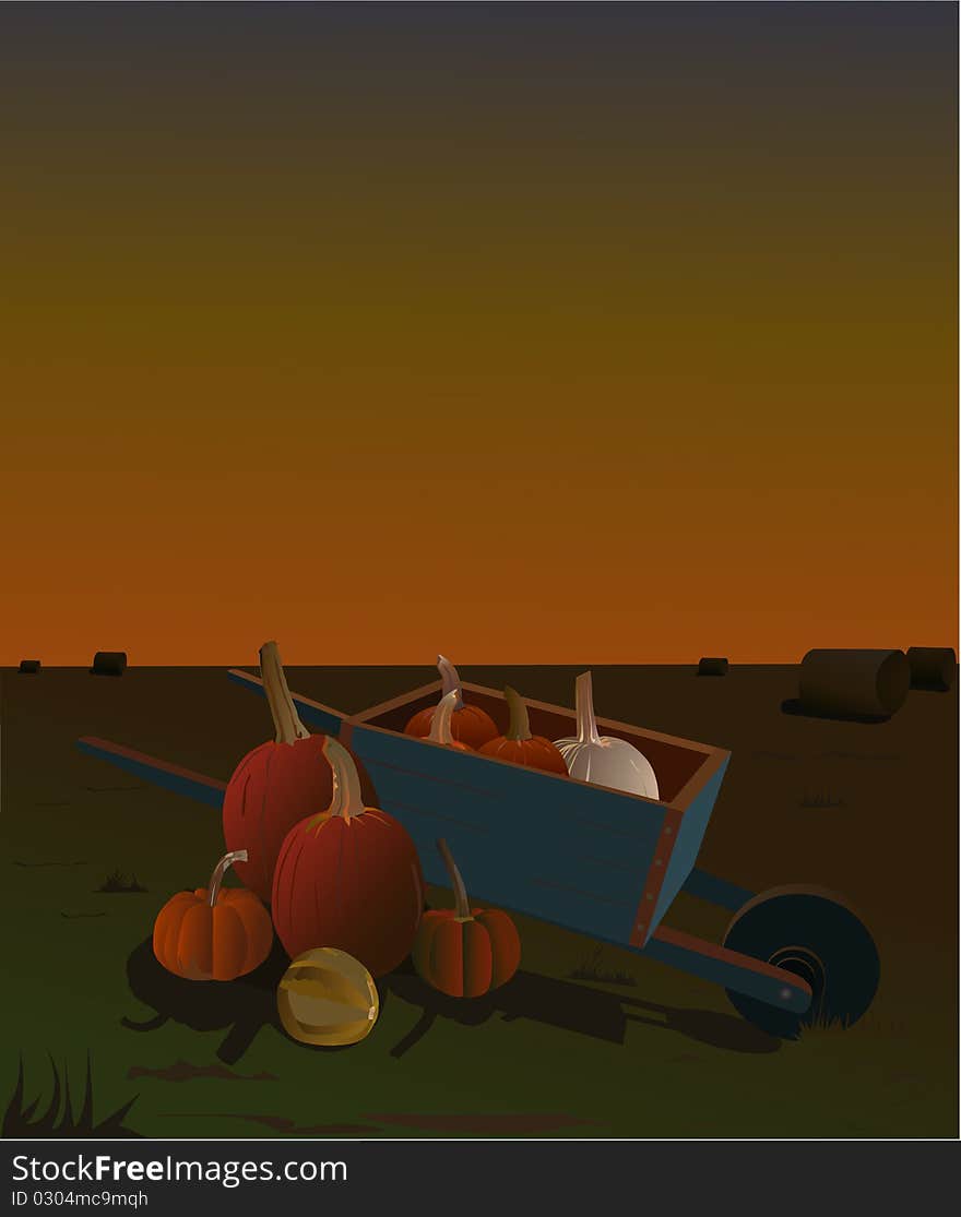 Illustration of many harvested autumn pumpkins illuminated for an old oil lamp in a hay field at night. Illustration of many harvested autumn pumpkins illuminated for an old oil lamp in a hay field at night.