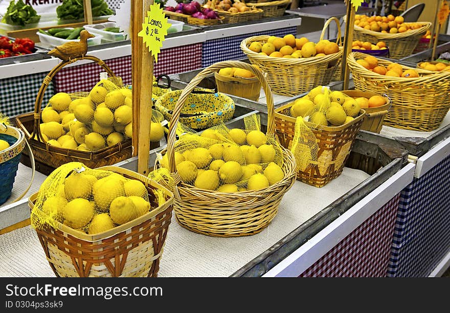 Baskets of fruit at a market. Baskets of fruit at a market