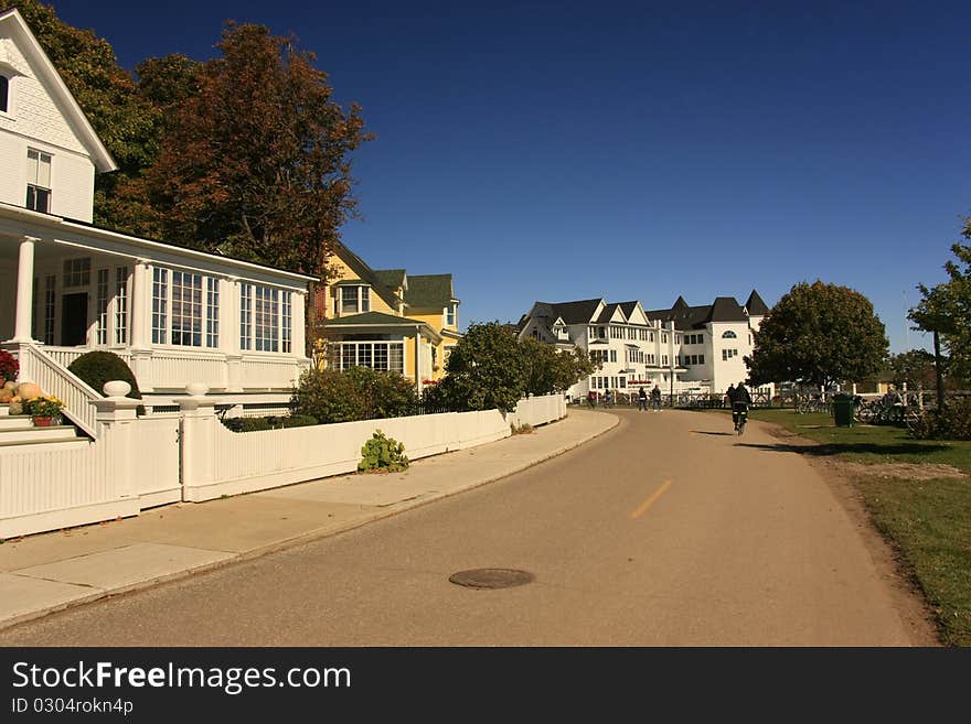 Downtown mackinac island street scene with bicycle