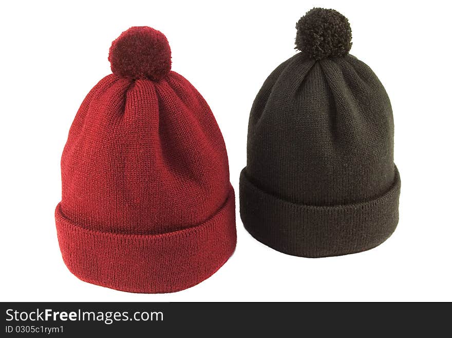 Wool knit hat red and black on a white background. Wool knit hat red and black on a white background