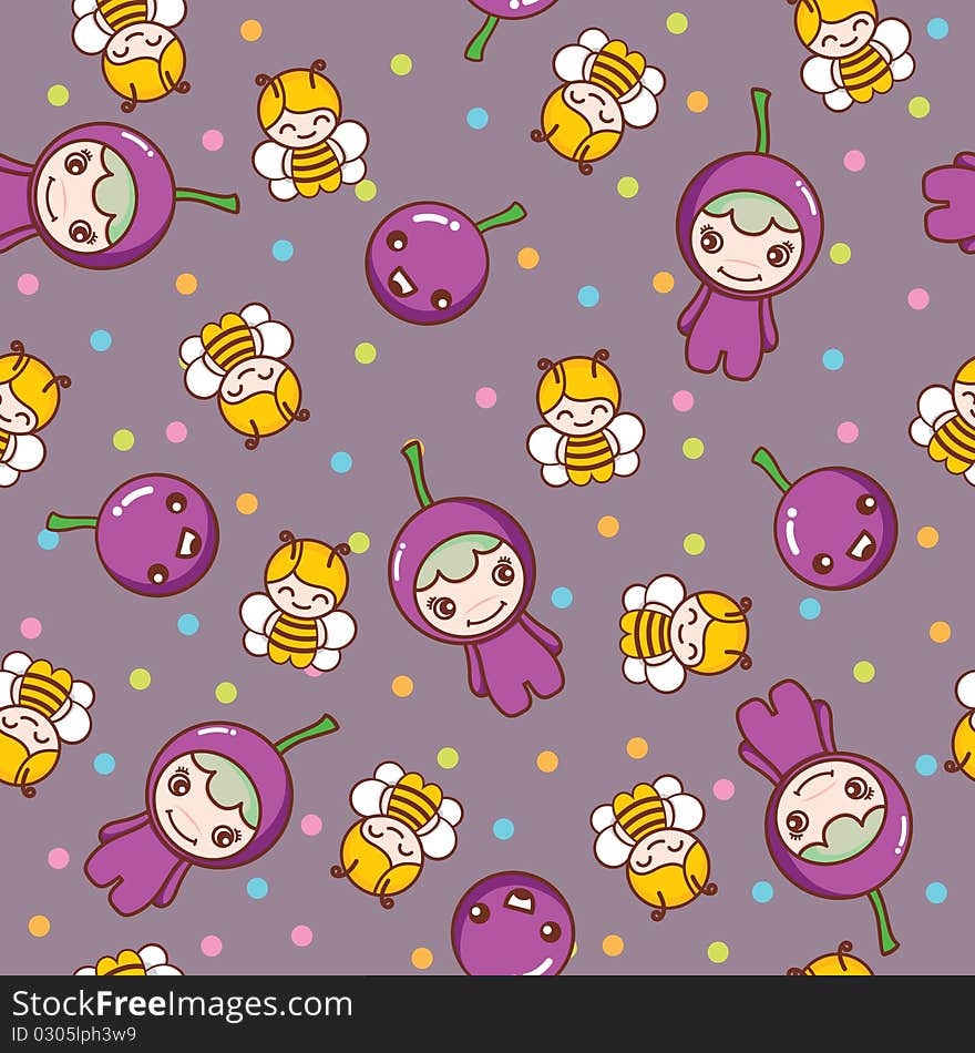 Illustration of little grape and bee pattern.