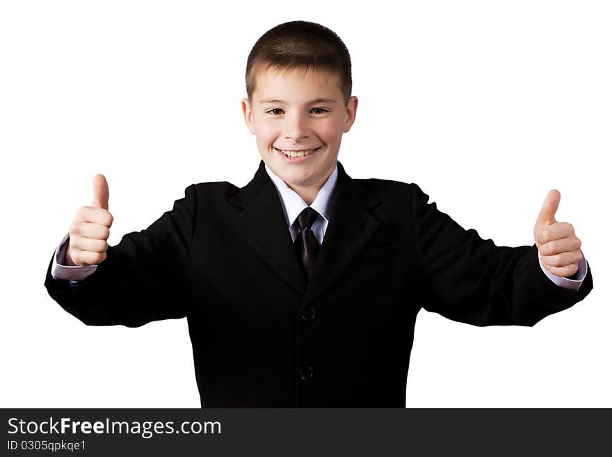 Boy gives thumbs up, isolated on white