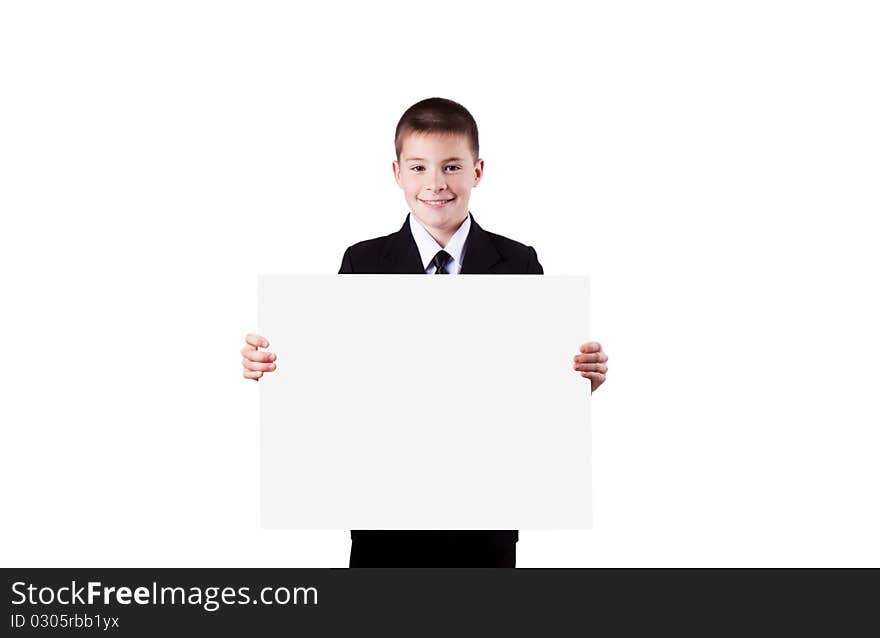 Boy holding  banner isolated on white