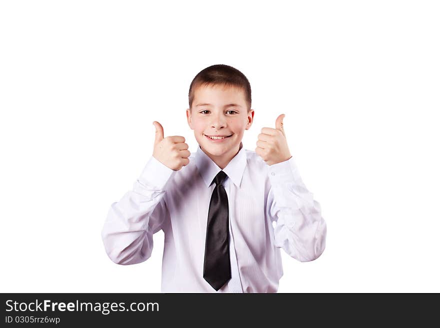 Boy gives thumbs up, isolated on white