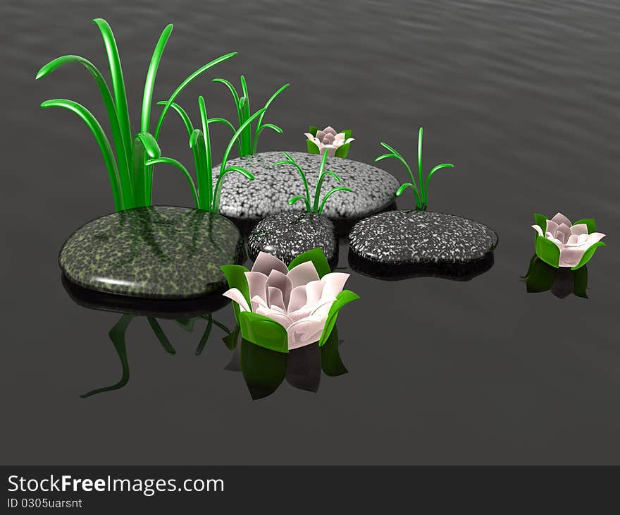 Spa stones with grass and flowers on black reflective background.