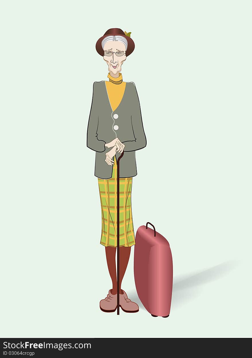 Old woman with a walking stick and suitcase. Old woman with a walking stick and suitcase