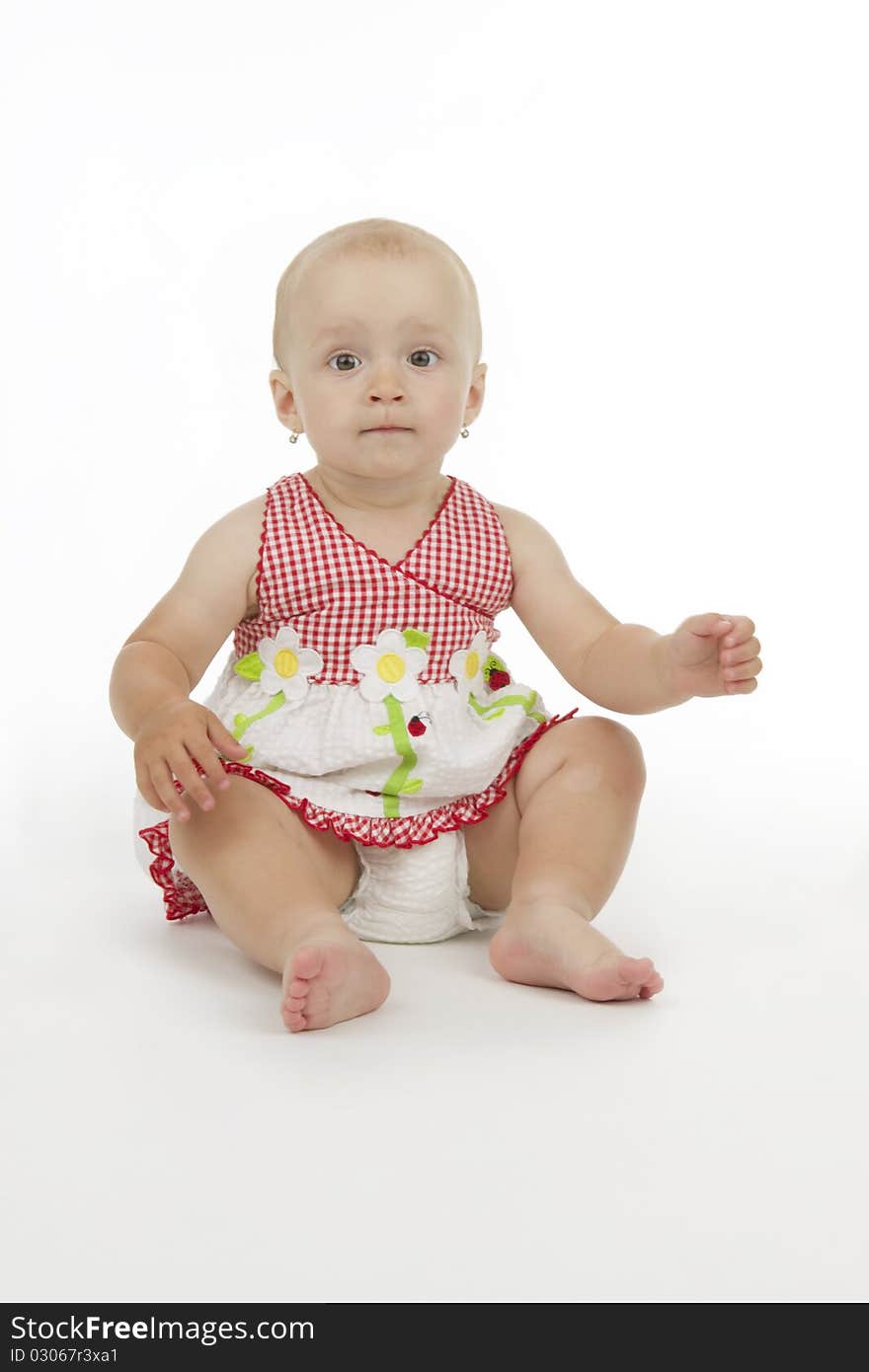 Infant sit, on white background.