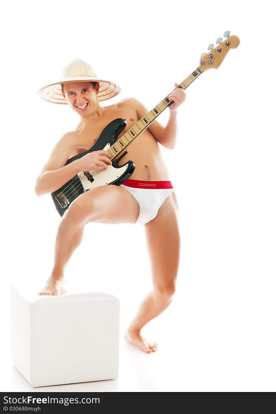 Funny Man With A Guitar On A White Background