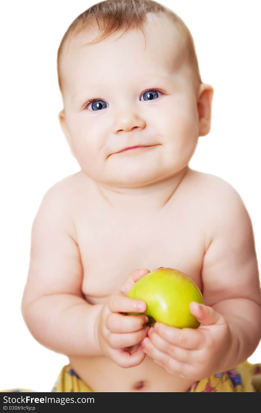 Lovely baby girl with green apple. Lovely baby girl with green apple