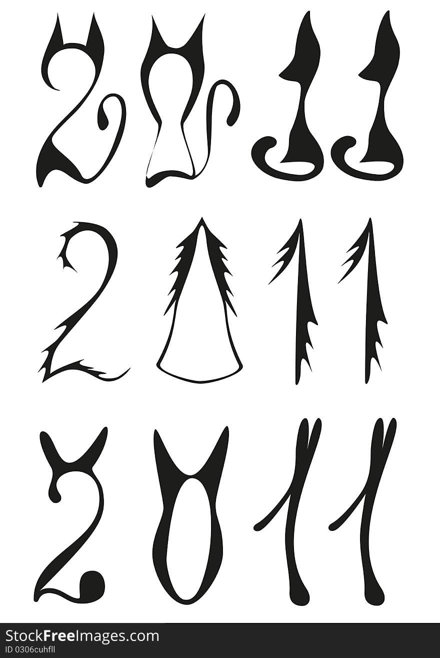 Styled cats New year symbols, date of new year, cats contours. Styled cats New year symbols, date of new year, cats contours