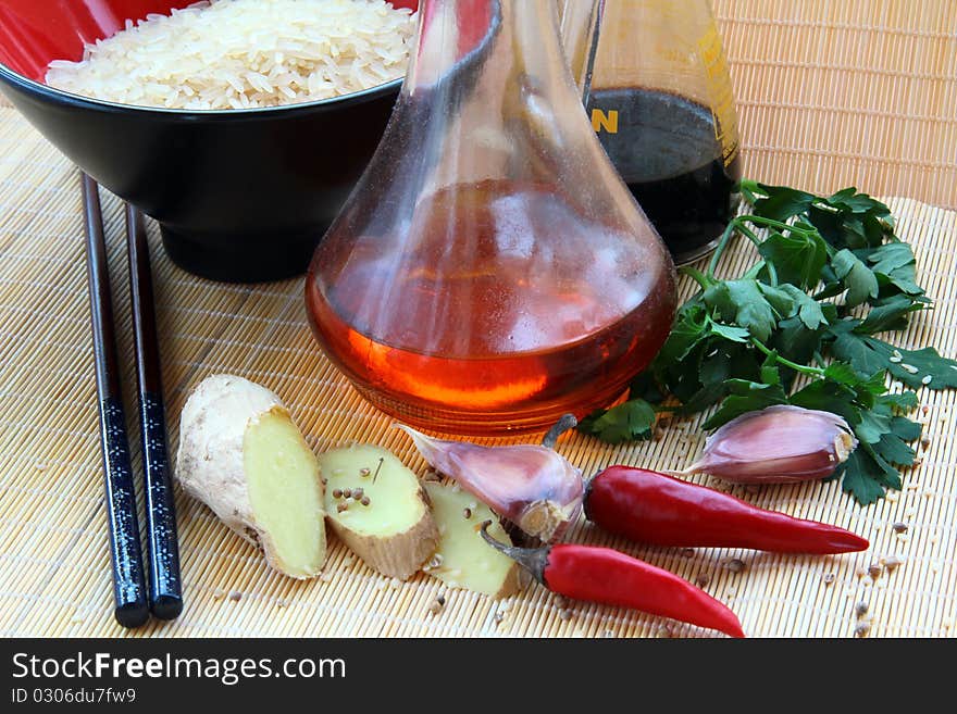 Rice, soy sauce, ginger, garlic - Chinese still life