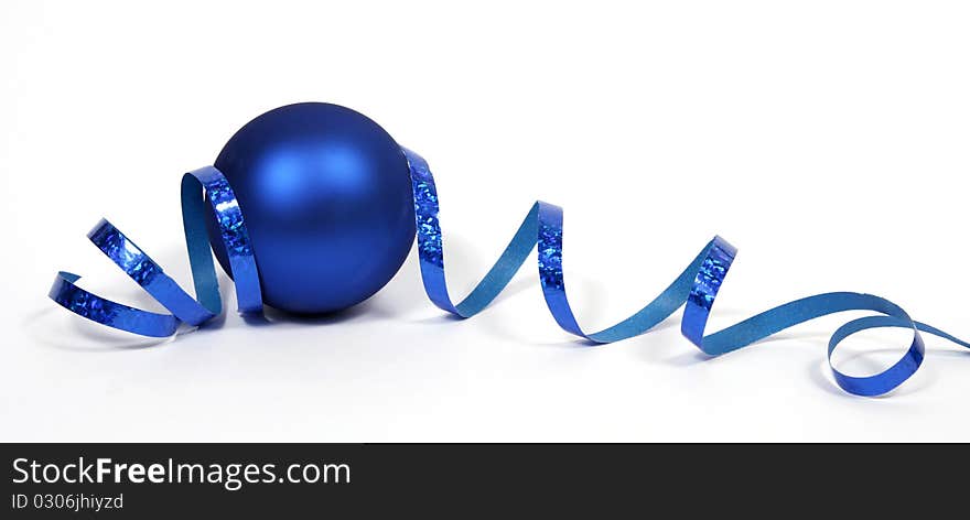 Blue bauble with the blue ribbon on the white background. Blue bauble with the blue ribbon on the white background