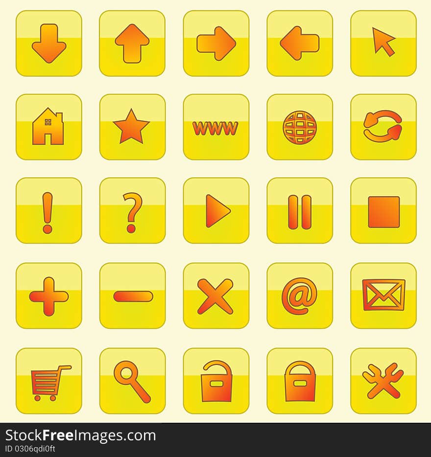 Set of 25 yellow/orange square web buttons. Useful also as icons. Set of 25 yellow/orange square web buttons. Useful also as icons.