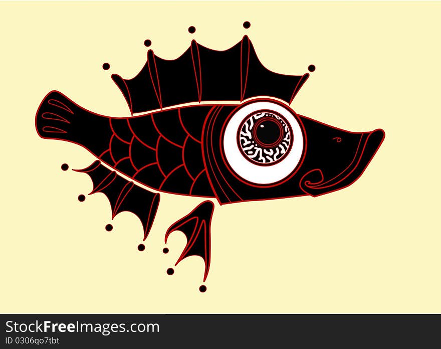 The Fish with a huge white eye, spiny fins and large scales, painted in an abstract manner in black with red outline. The Fish with a huge white eye, spiny fins and large scales, painted in an abstract manner in black with red outline