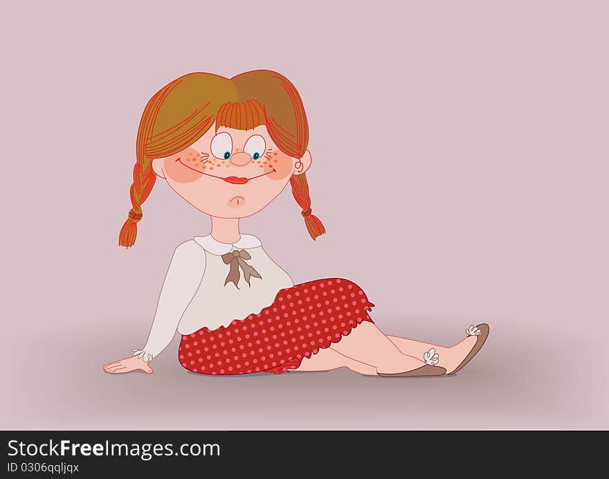 Cheerful girl with a smile from ear to ear and freckles sitting on the floor. Cheerful girl with a smile from ear to ear and freckles sitting on the floor