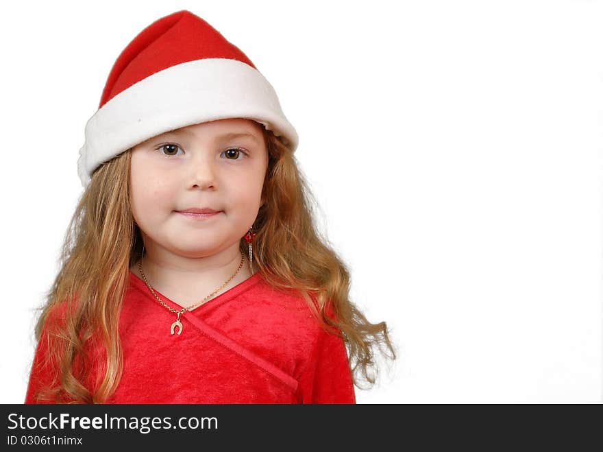 Little girl in Christmas hat , isolated on white