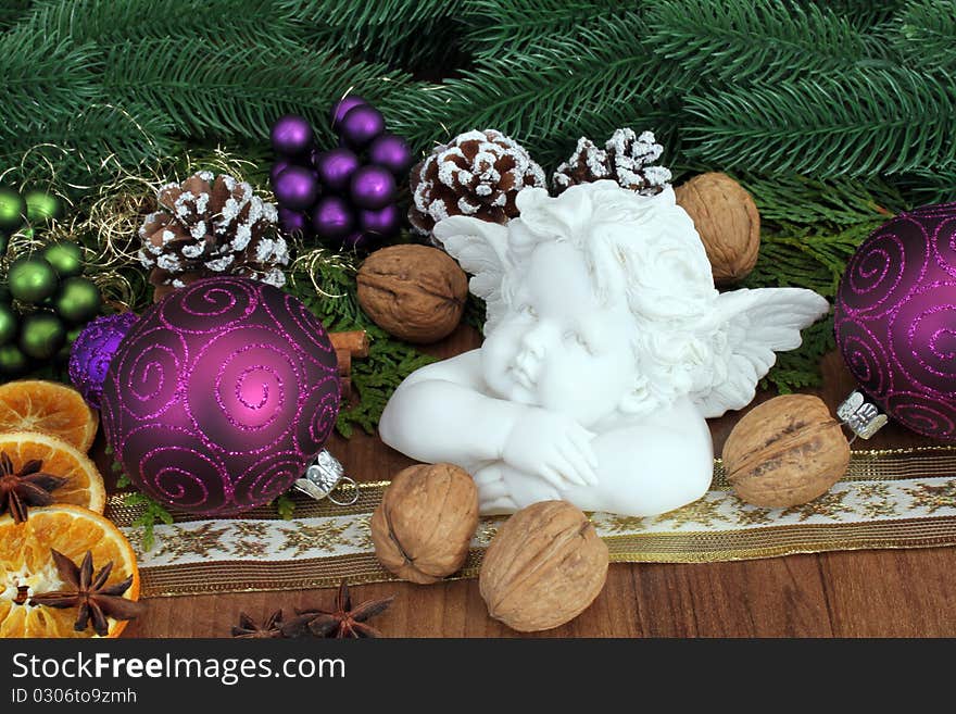 Christmas decoration with angel and candle. Christmas decoration with angel and candle