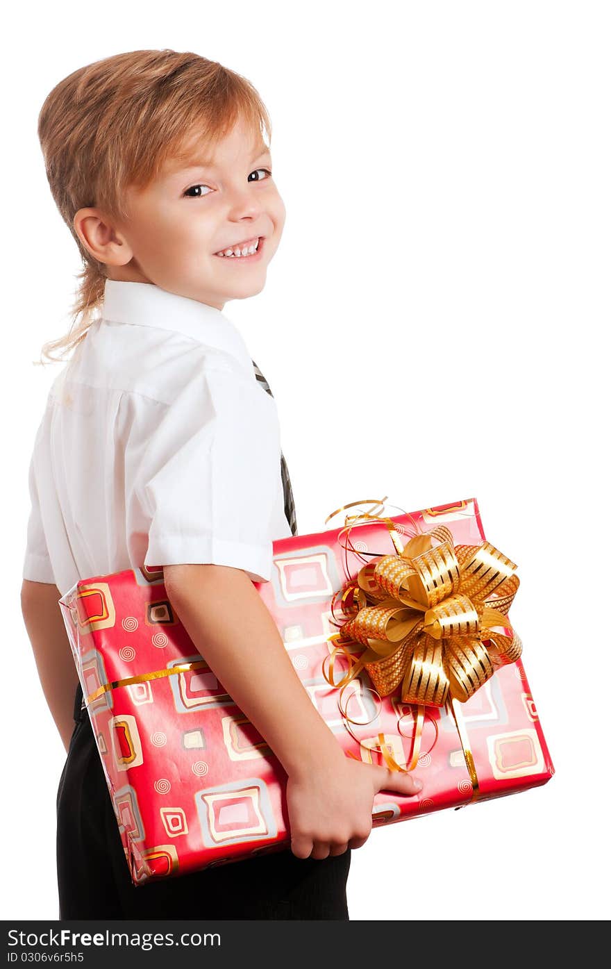 Beautiful boy with gift box isolated on white background. Beautiful boy with gift box isolated on white background