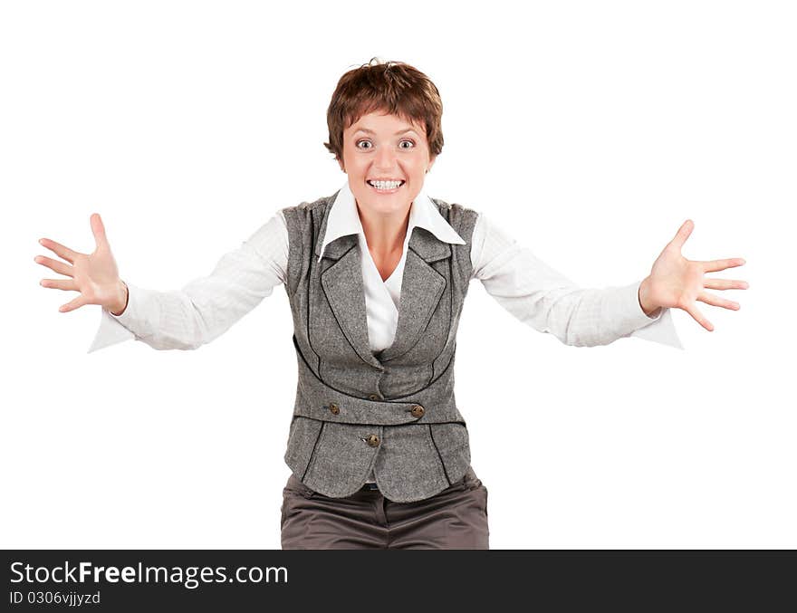 Expressive businesswoman, isolated on white background