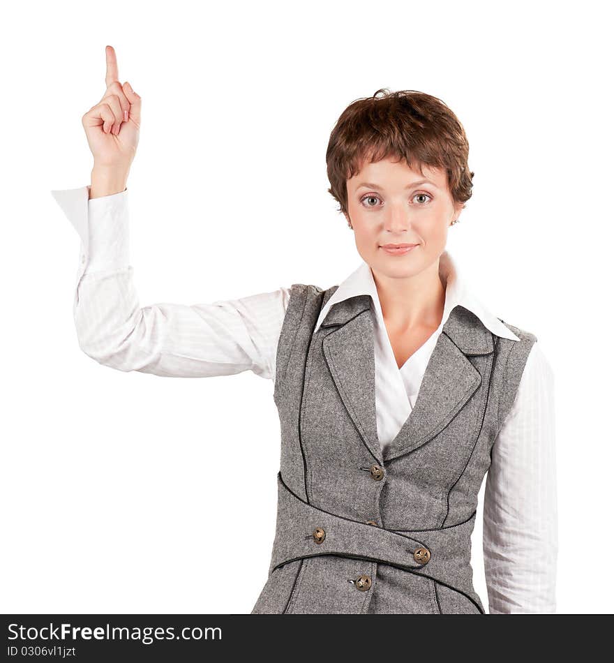 Beautiful businesswoman attracting attention, isolated on white background. Beautiful businesswoman attracting attention, isolated on white background