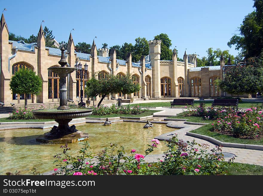 Beautiful building of a balneary and park with a fountain about it. Beautiful building of a balneary and park with a fountain about it