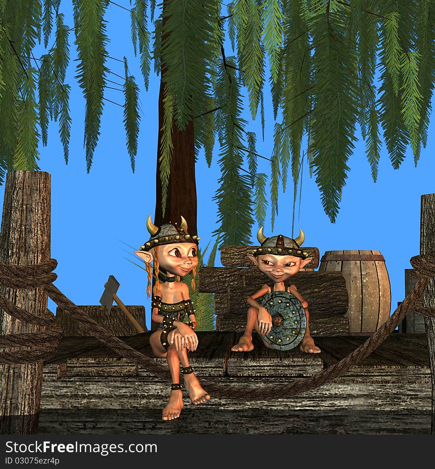 3d rendering of two small Vikings, sitting as illustration. 3d rendering of two small Vikings, sitting as illustration