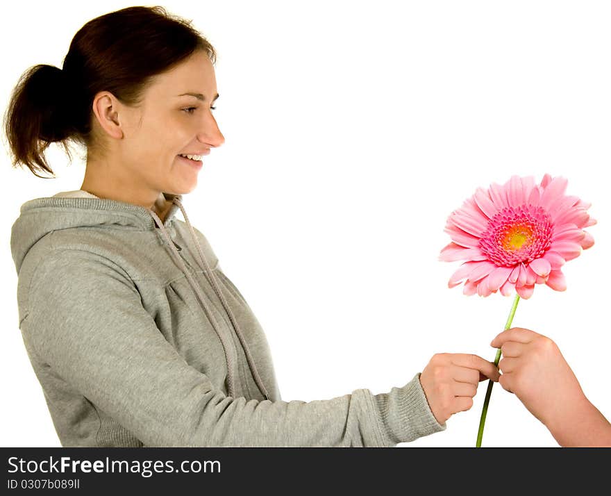 Young lady gets a flower. Young lady gets a flower