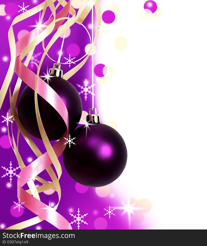 Purple christmas baubles against white background