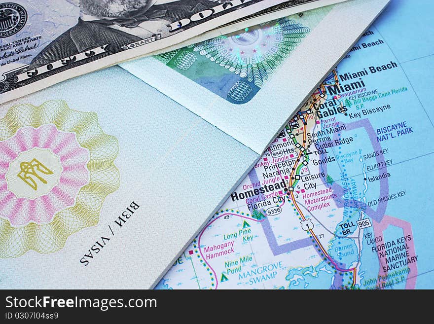 Passport and banknotes with map background