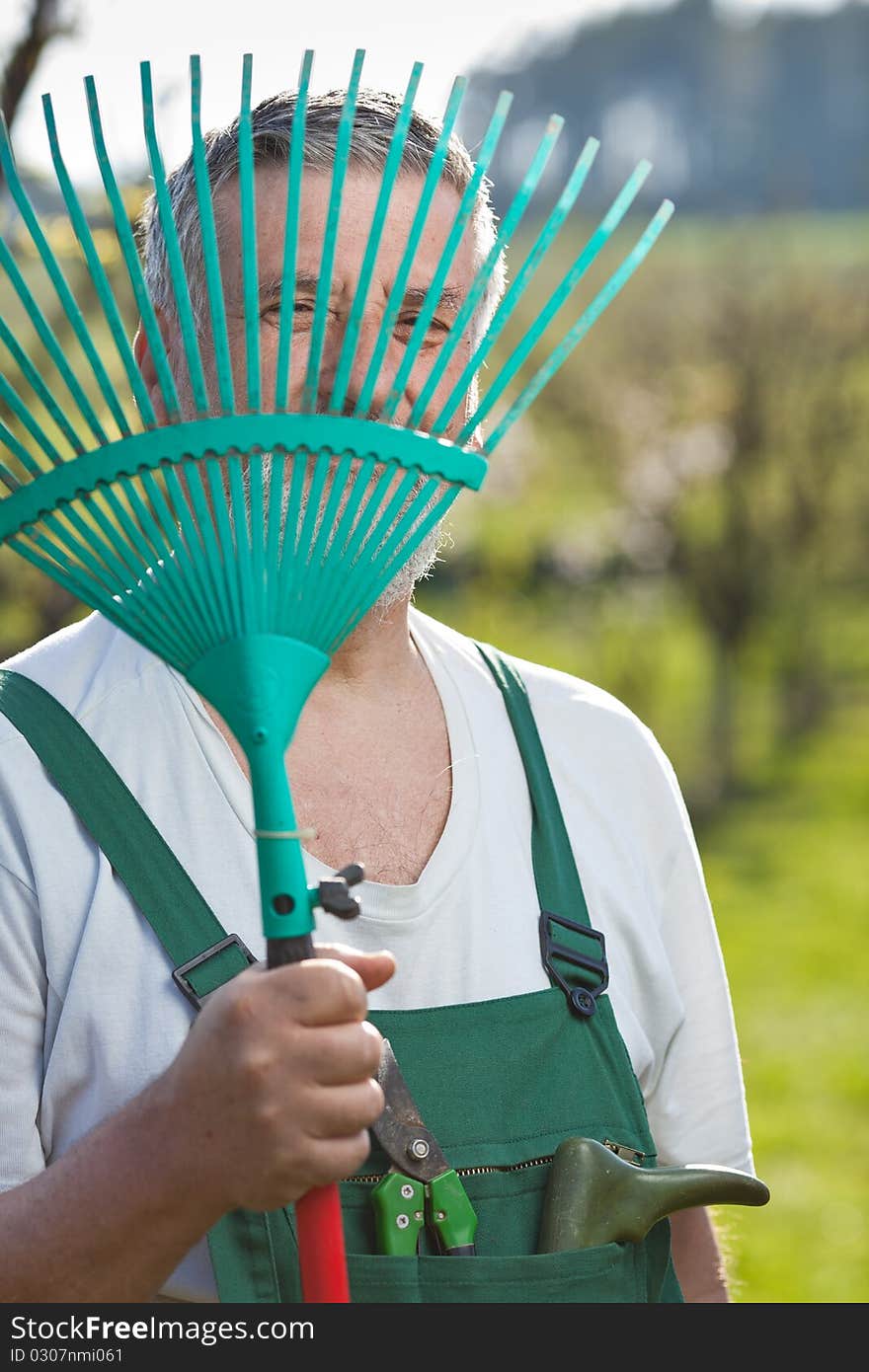 Portrait of a senior man gardening in his garden (color toned image)