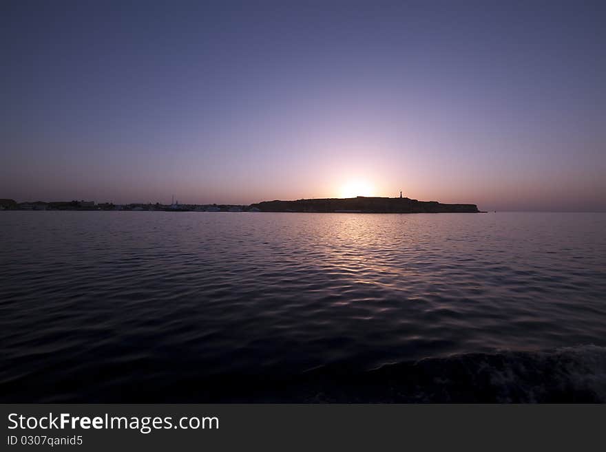 Leaving the harbour at sunset.