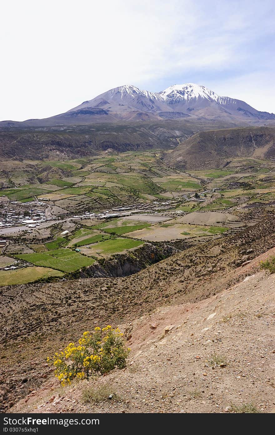 Panoramic view of the town of Putre, which in the Aymara language means &#x22;murmur of waters&#x22;, is the capital of the Province of Parinacota.

Located at 3,550 meters of altitude, on the slopes of the Tarapacá and Ancoma volcanoes, during the pre-Columbian period it was an important strategic point of the Inca Empire, a condition that it maintained during the time of the conquest