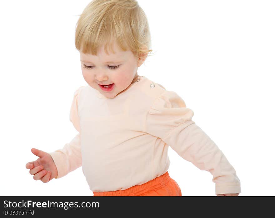 Studio portrait of happy 1 year old baby isolated on white. Studio portrait of happy 1 year old baby isolated on white