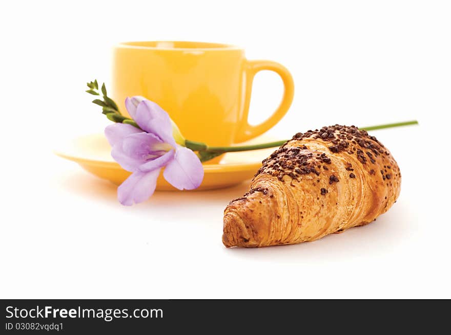 Croissant, Cup Of Coffee And Flower