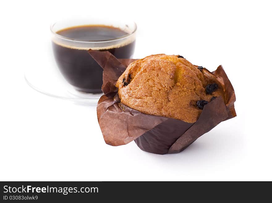 Cup of coffee and cupcake isolated on white background