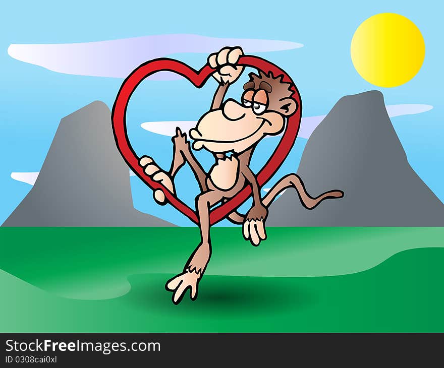 Adorable brown monkey or chimpanzee hang on love symbol on nature background illustration. Adorable brown monkey or chimpanzee hang on love symbol on nature background illustration